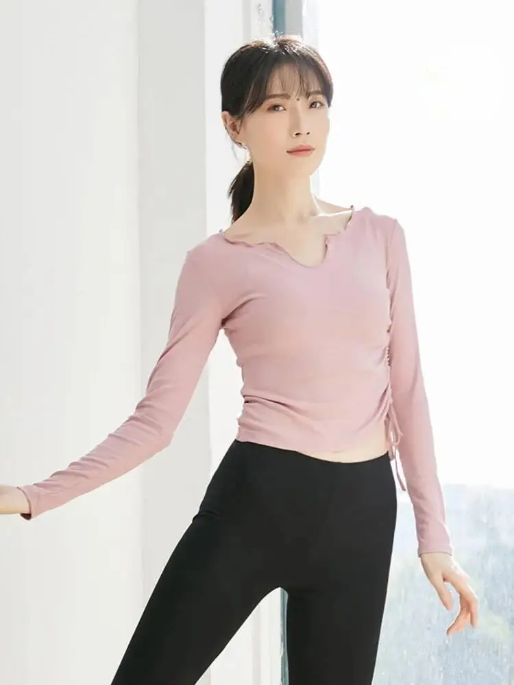 Damen-Top für modernen Tanz, schmal geschnitten, mit verstellbarem Kordelzug, schlichtes Langarmshirt für das zeitgenössische Jazz-Bühnenübungen