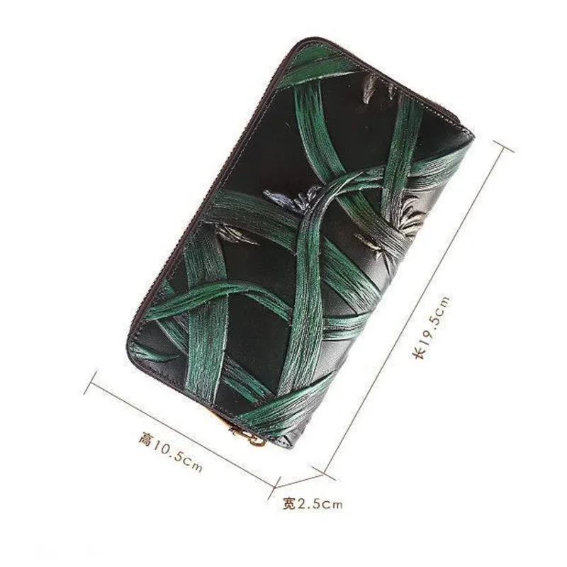 حامل بطاقات جلد طبيعي للنساء ، جودة عالية ، عتيق ، منقوش يدويًا ، جلد البقر ، حقيبة محفظة طويلة