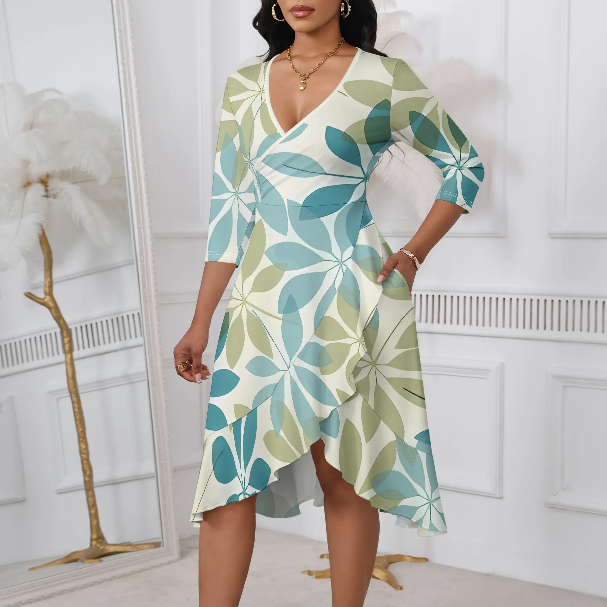 

Nupusa Leaf Print Summer Dress for Women V Neck Wrap Design 3/4 Sleeve Casual High Low Midi Dresses