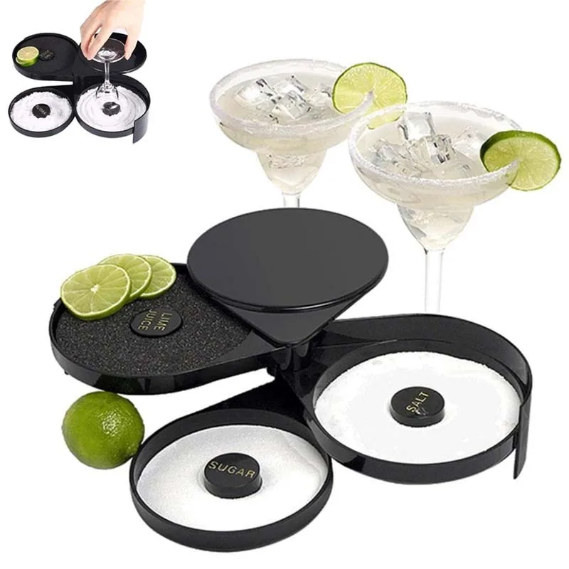 New Upgraded 3 Tier Bar Glass Rimmer Bartender Tool Black Plastic Sugar and Salt Rimmer Box Suitable For Margaritas And Cocktail