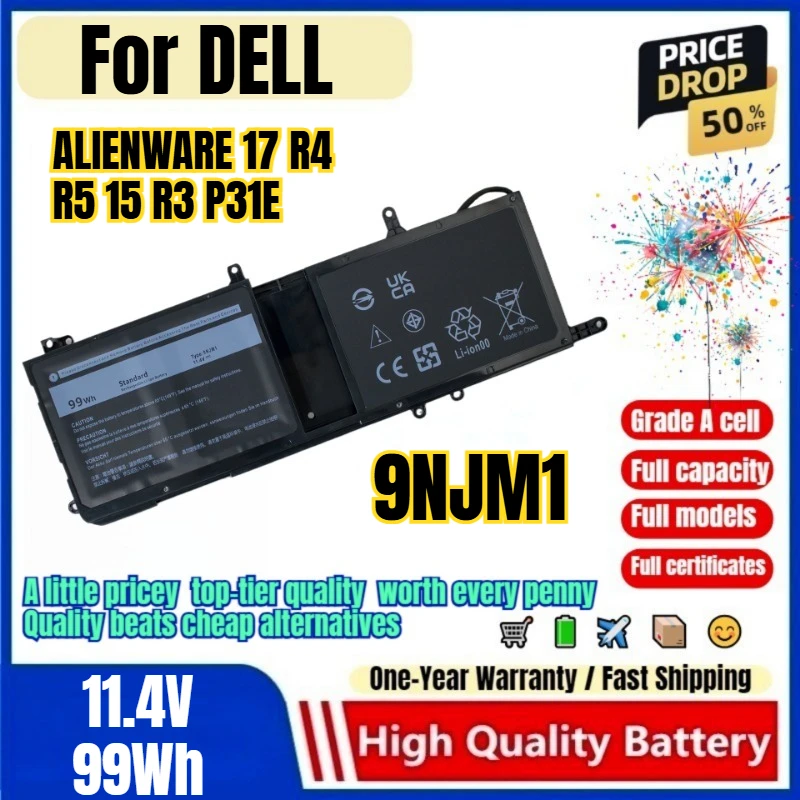 9NJM1 for DELL  ALIENWARE 17 R4 R5 15 R3 P31E Laptop Battery 0 Cycle High Quality High Capacity Replacement Bateria Grade A Cell