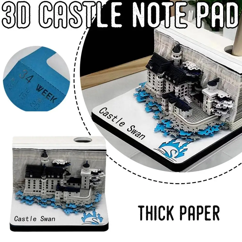 2025 3D Swan Castle Paper Sculpture Desk Calendar Magic Castle Memo Pad Tear-Away Notepad DIY Craft Gifts For Home Office School