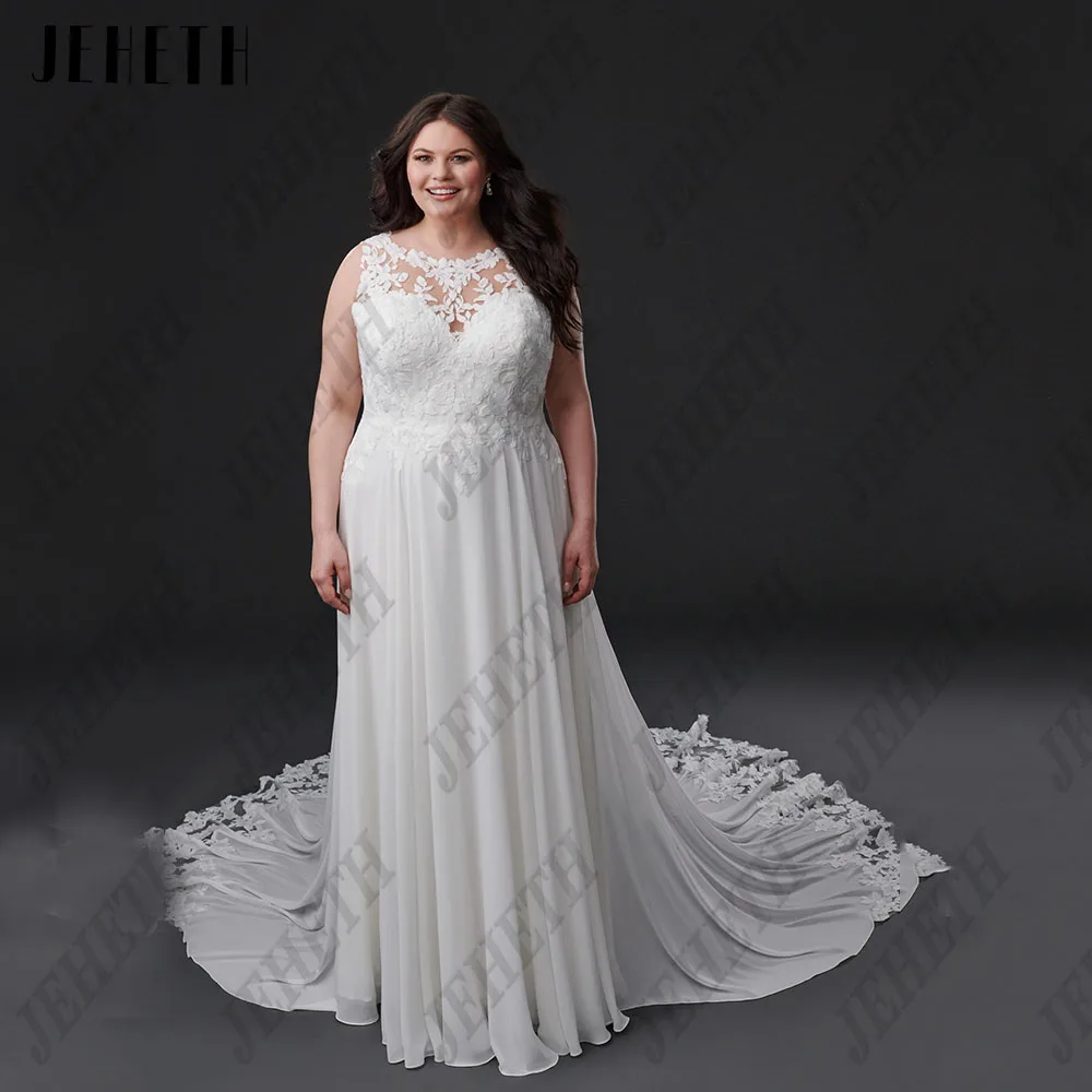 JEHETH Elegant Wedding Dresses For Woman Sleeveless Illusion Back Bride Gowns O-Neck Chiffon A-Line Applique vestidos de novia