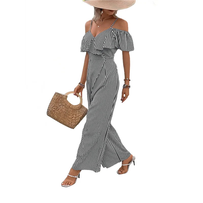 

A09P женские полосатые плиссированные комбинезоны нарядные летние широкие брюки на подтяжках комбинезоны комбинезоны