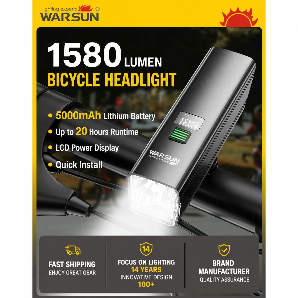 WARSUN C1580S Bicycle Headlight and Taillight Set, Powerful Rechargeable Cycling Lights for MTB, Road Bikes and Night Riding