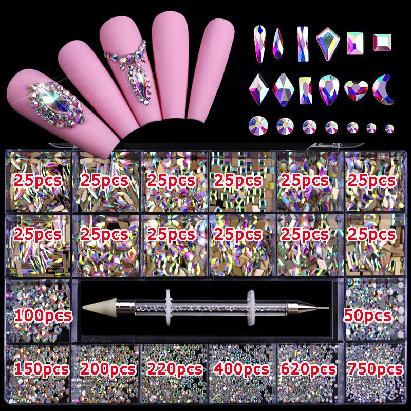2800 teile/schachtel Luxus Strass Nail art Schmuck Set Glas Nagel Kristalle Box 3D Flache Glas Geformt Diamant Nägel Dekoration Edelstein – Detail 8