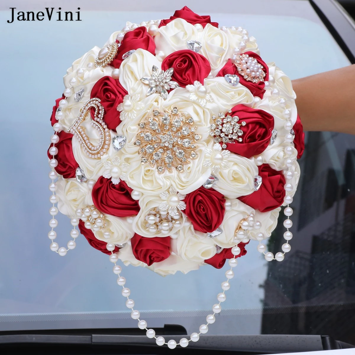 JaneVini Beautiful Sky Blue Ribbon Flowers Luxury Pearls Crystal Bridal Bouquets Artificial Satin Roses Wedding Brooch Bouquet