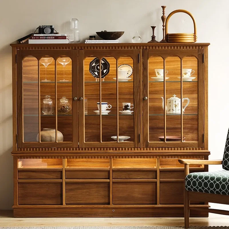 teak household dishes, porcelain glass display cabinet, all solid wood against the wall
