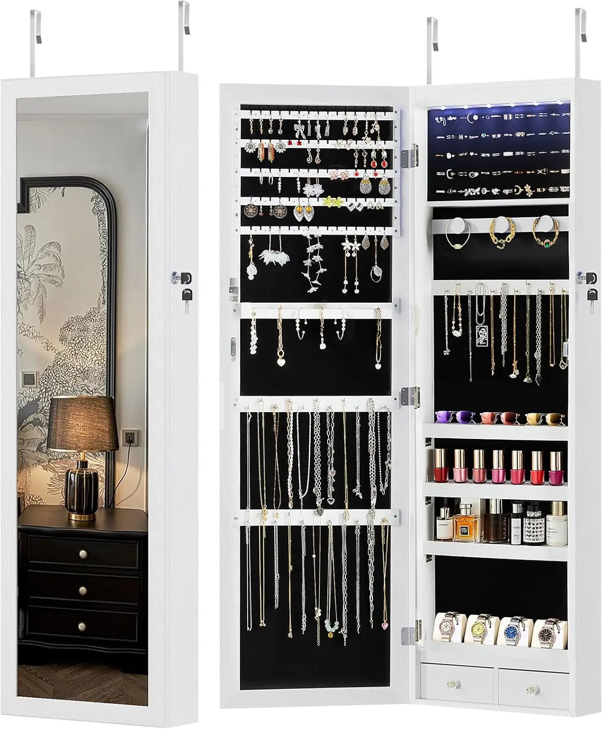 6 LEDs Mirror Jewelry Cabinet, Wall or Door Mounted Jewelry Organizer, 47.2-Inch TallGift Idea, White
