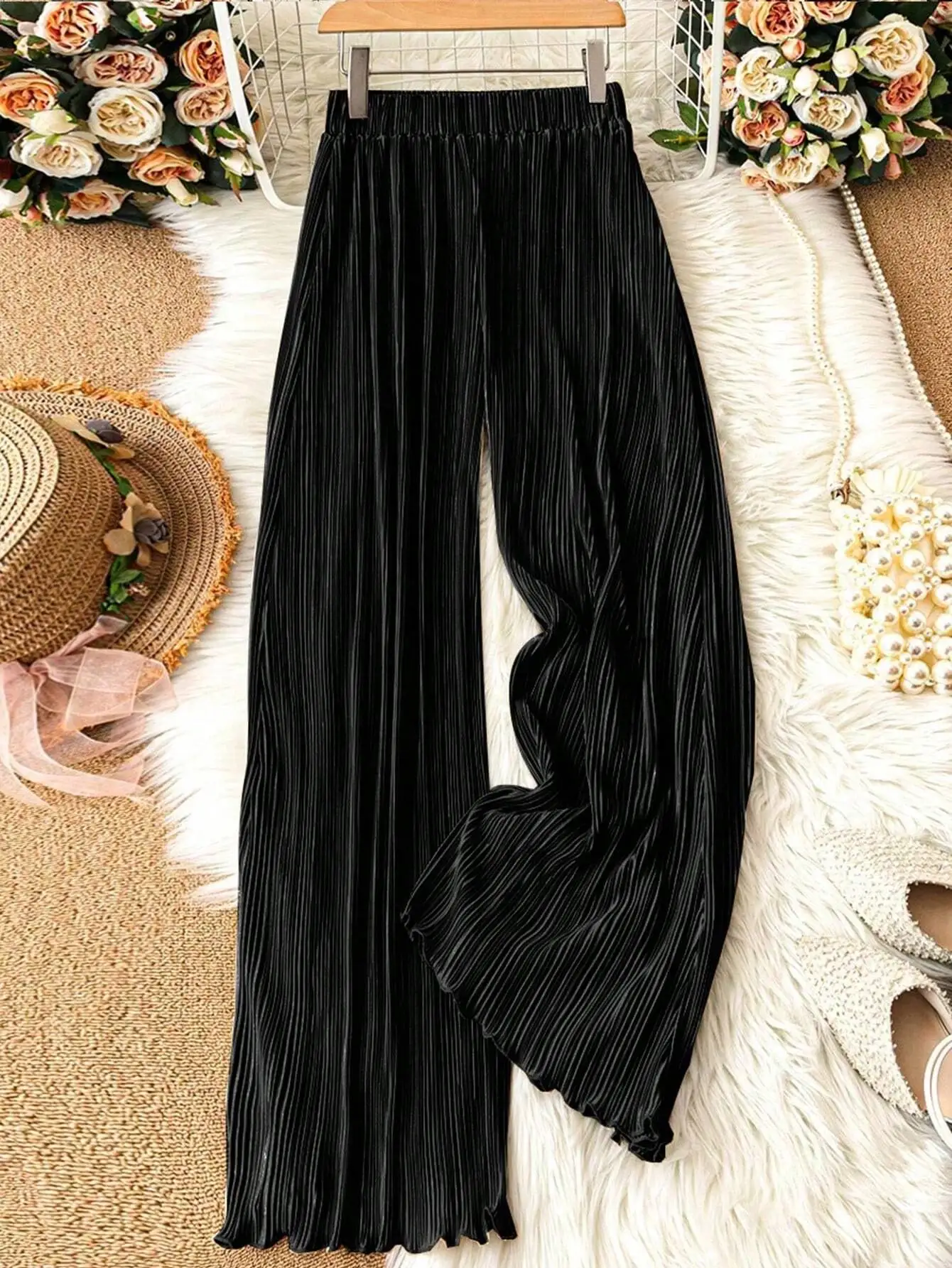 

Однотонные плиссированные широкие брюки для женщин, повседневные, свободного кроя, длиной до щиколотки, черные