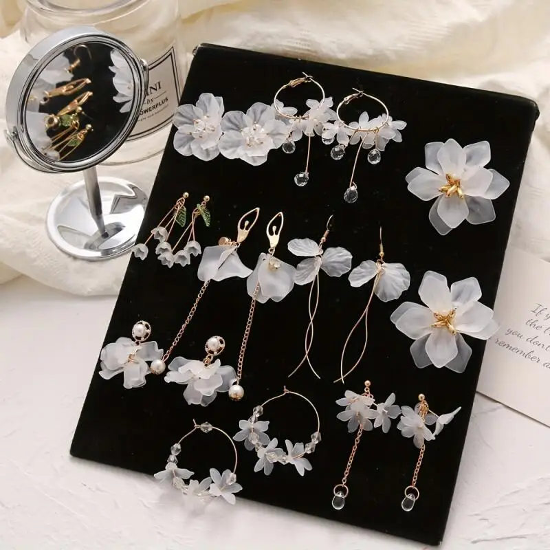 White Flower Tassel Earrings for Women, Sweet Translucent Petal Drop Stud Earrings, Elegant Party Daily Jewelry