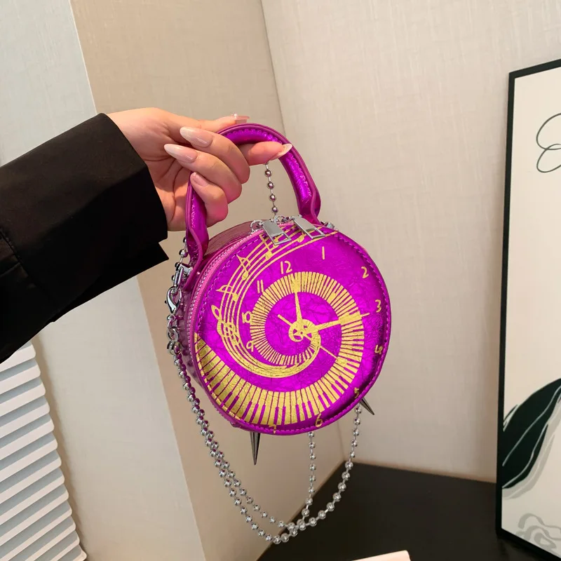 Cartoon Cute Handbags for Women 2024 New Fashion Clock Print Shoulder Bag Woman Luxury High Quality Chain Party Small Round Bag