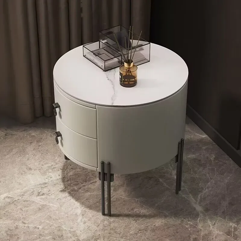 

Internet celebrity round leather storage solid wood round bedside table rock slab bedside table simple modern light