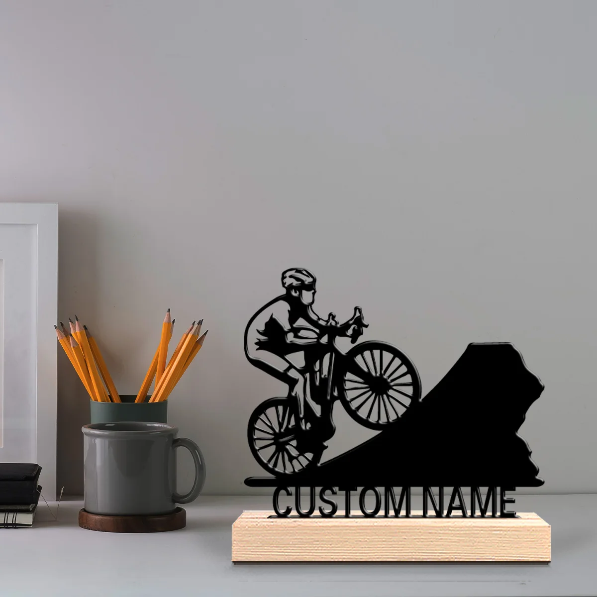 1pc Riding a bike Customized Letter Metal Statue Metal Ornament Art Figurine With Wood Base Metal Statue Office Desk