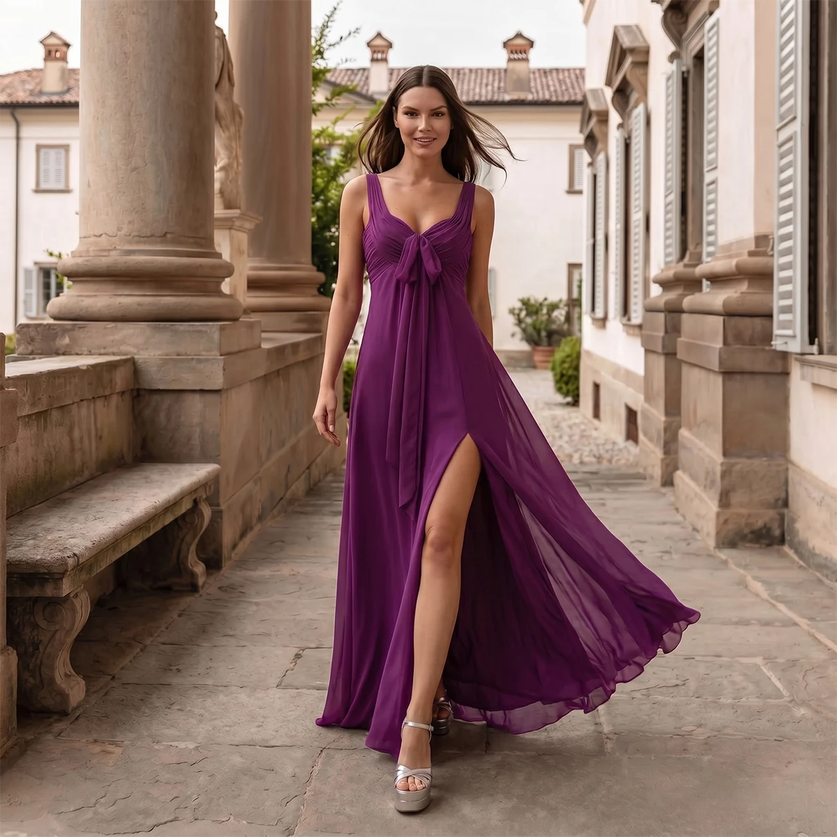 

Classic V Neck Chiffon Bridesmaid Dresses With Slit Long Evening Gown Pleated Formal Dress For Women