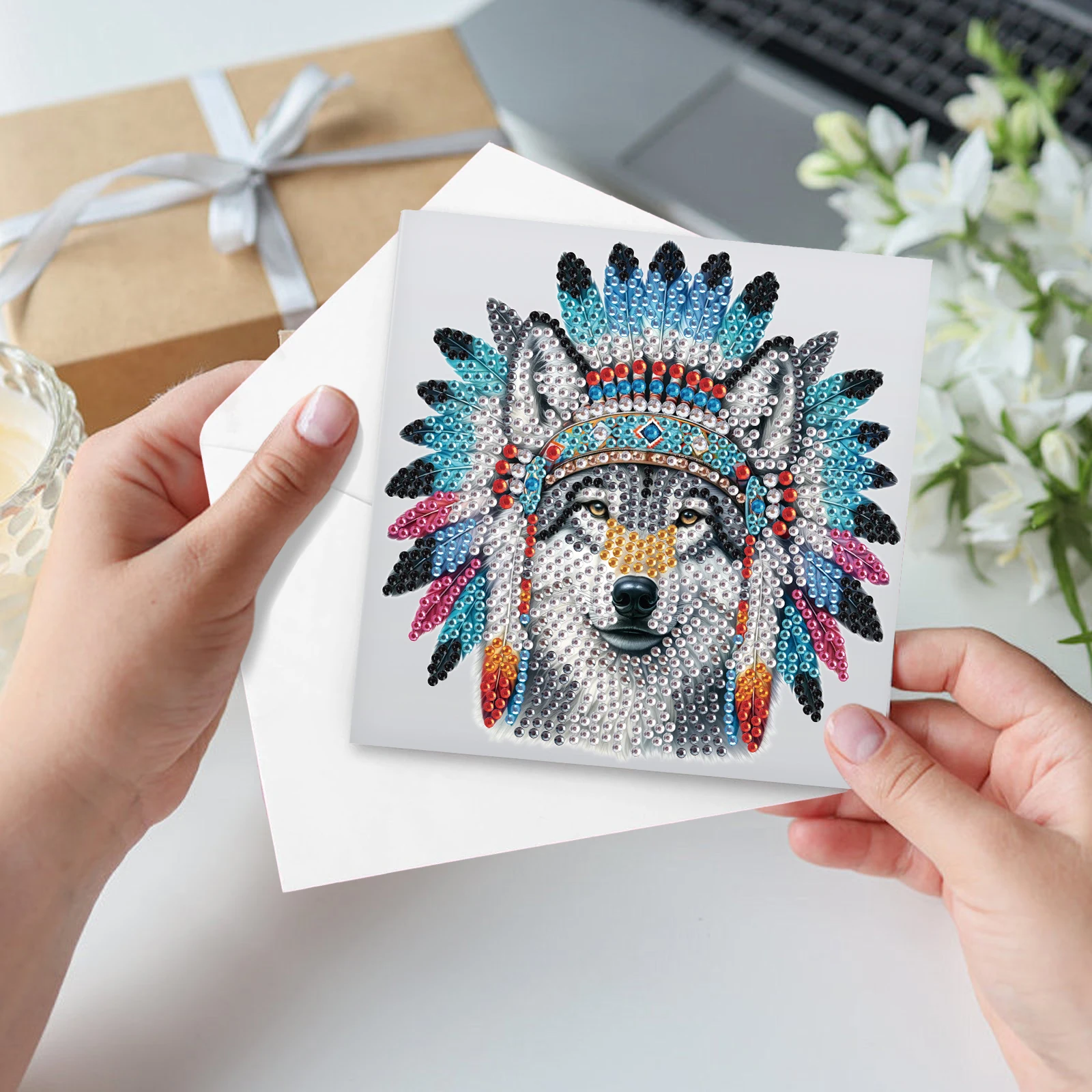 6Pcs Diamond Art Painting Greeting Card Kits,DIY Wolf Heads Handmade Festival Greeting Diamond Birthday Creative Cards Gifts - view 4