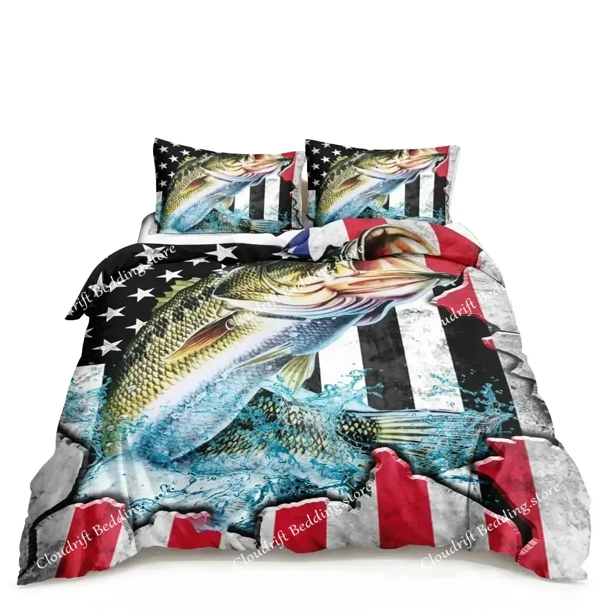 Pike Fish Bedding Striped Bass Big Pattern Hunting and Fishing Themed Duvet Cover for Boys BedRoom Decorations for Teens