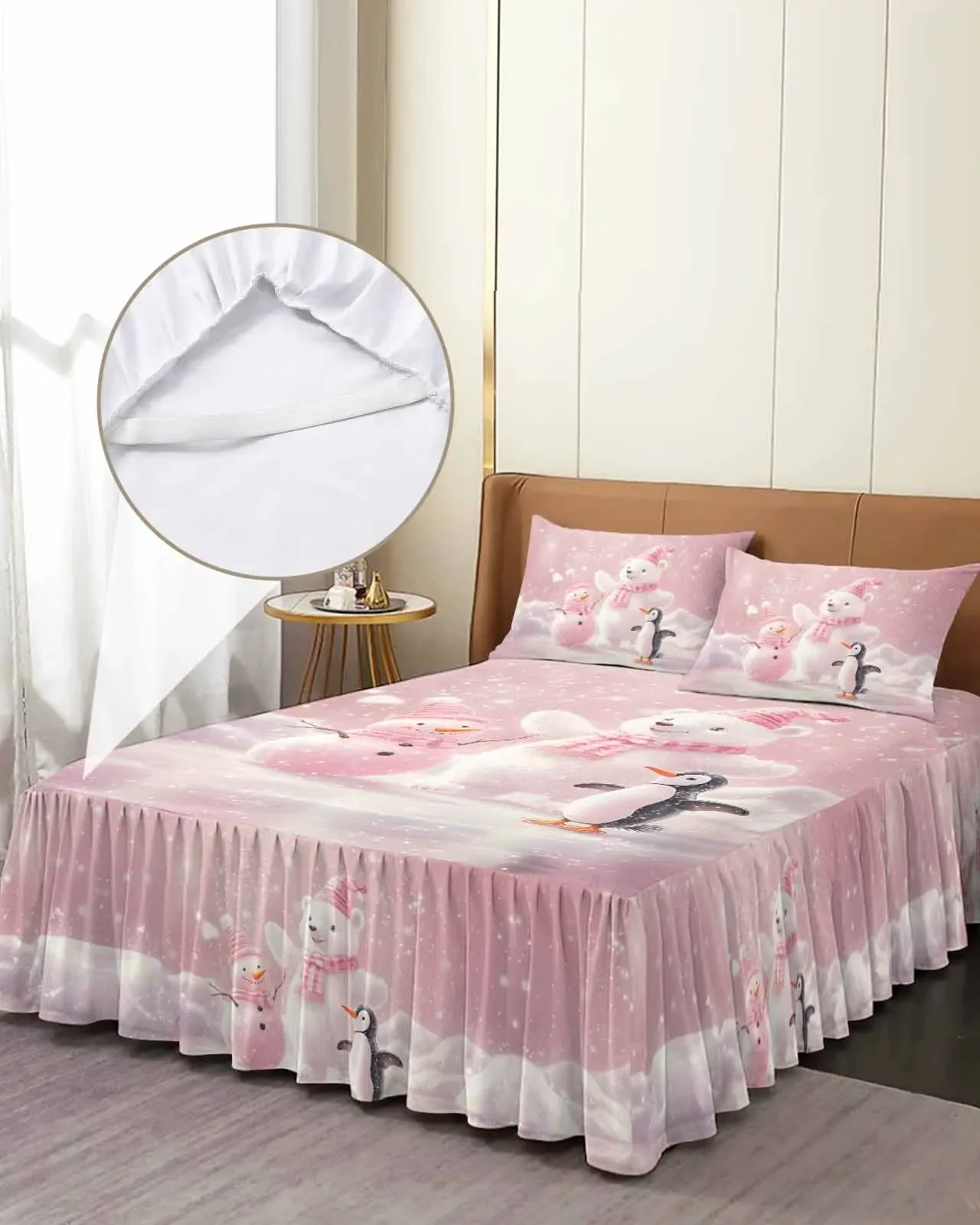 Christmas Pink White Bear Penguin Skirt Elastic Fitted Bedspread With Pillowcases Mattress Cover Bedding Set Bed Sheet