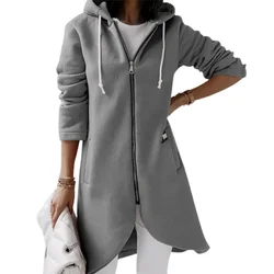 Einfarbig gebogener Saum Reiß verschluss Strickjacke Kapuze Sweatshirt Frauen Doppelt aschen Hoodie Herbst Winter Pendler verdickte Oberbekleidung