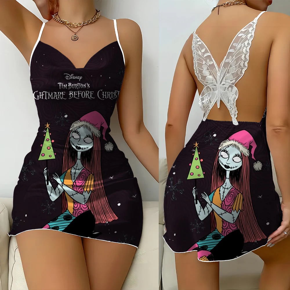 

Women's Sexy Lace Nightmare Dress with Jack and Sally Print, Floral Print, Butterfly Lace Backless Nightgown, V-Neck Nightgown