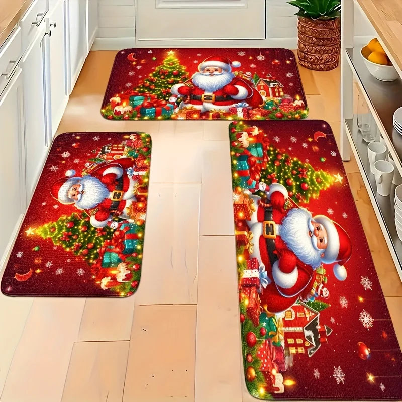 Cartoon Santa Snowflake Gift Kitchen Mat, Fleece Non-Slip Floor Rug for Bedroom Living Room Kitchen Bathroom Holiday Decor