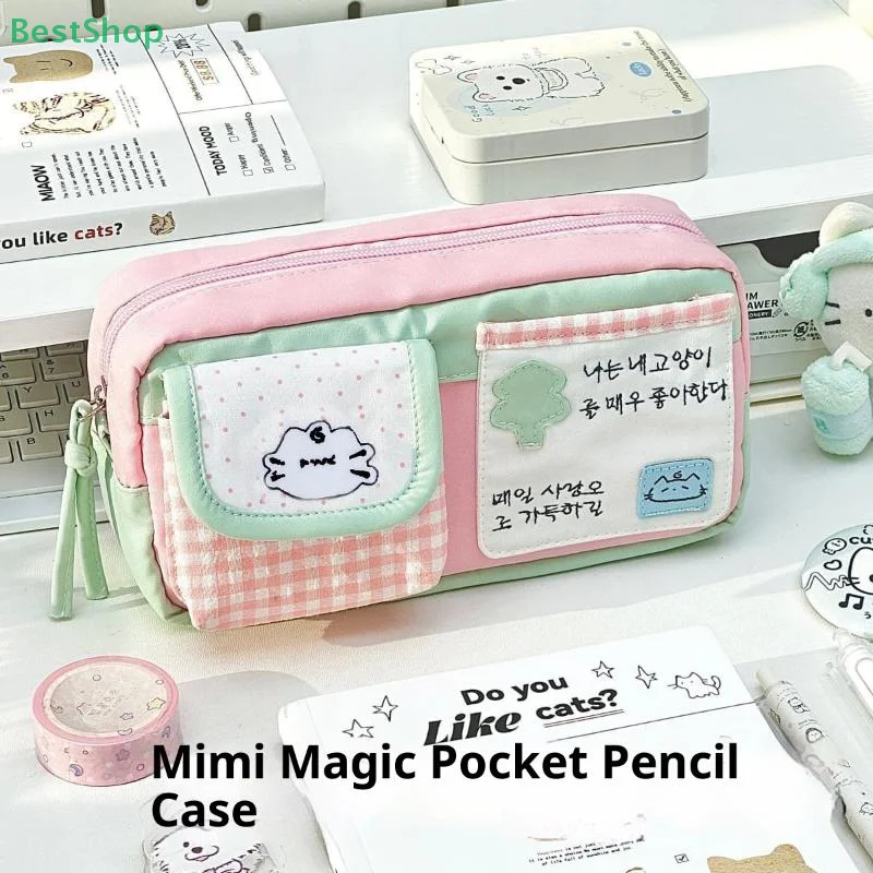 Japanese Style Large Capacity Cute Cartoon Cat Plaid Pencil Case Multi-layer Multi Functional Storage Bag Stationery Bag