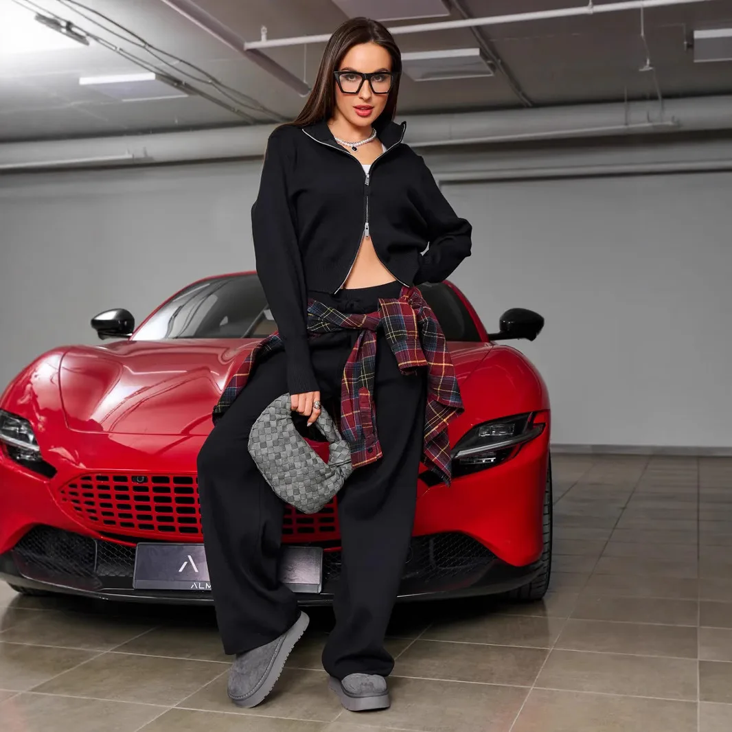 European and American Women's Long Sleeved Zipper Sweater Cardigan Long Pants Sports Two-Piece Set Casual Cardigan Set for Women