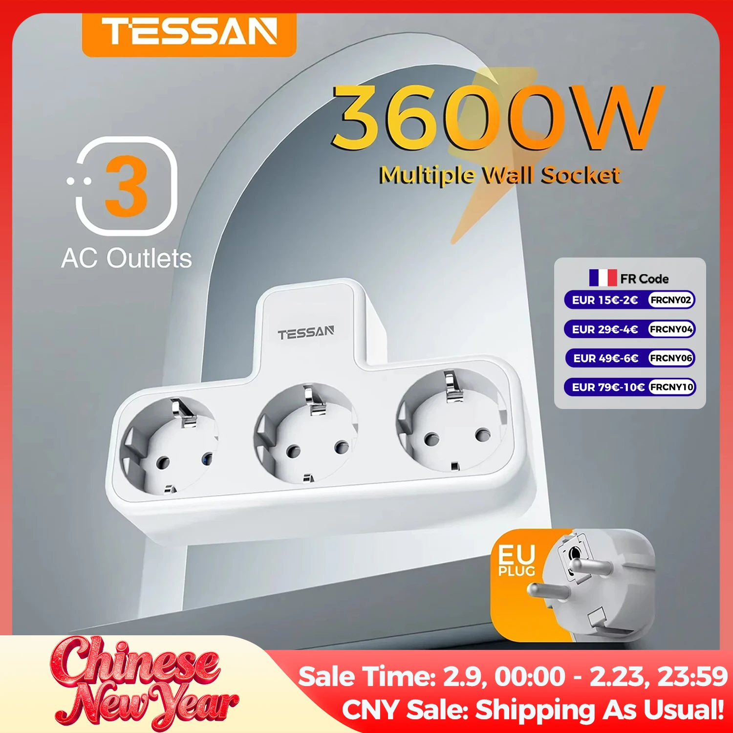 TESSAN prise murale Multiple avec 3 prises ca Ports de charge prise ue multiprise murale avec Protection contre les surcharges multiprise plug multiprise électrique multiprise électrique française