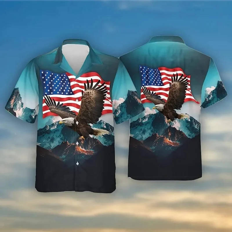 2024 USA Flag Shirts For Men American Eagle 3d Printing Men's Hawaiian Shirt Beach Short Sleeve Fashion Tops Tees Blouse Camisa