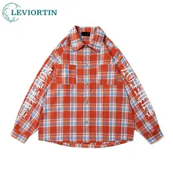 Autumn Men Contrasting Plaid Long Sleeved Shirt Streetwear Letter Embroidery Loose Shirts Tops Spring Harajuku Korean Clothes