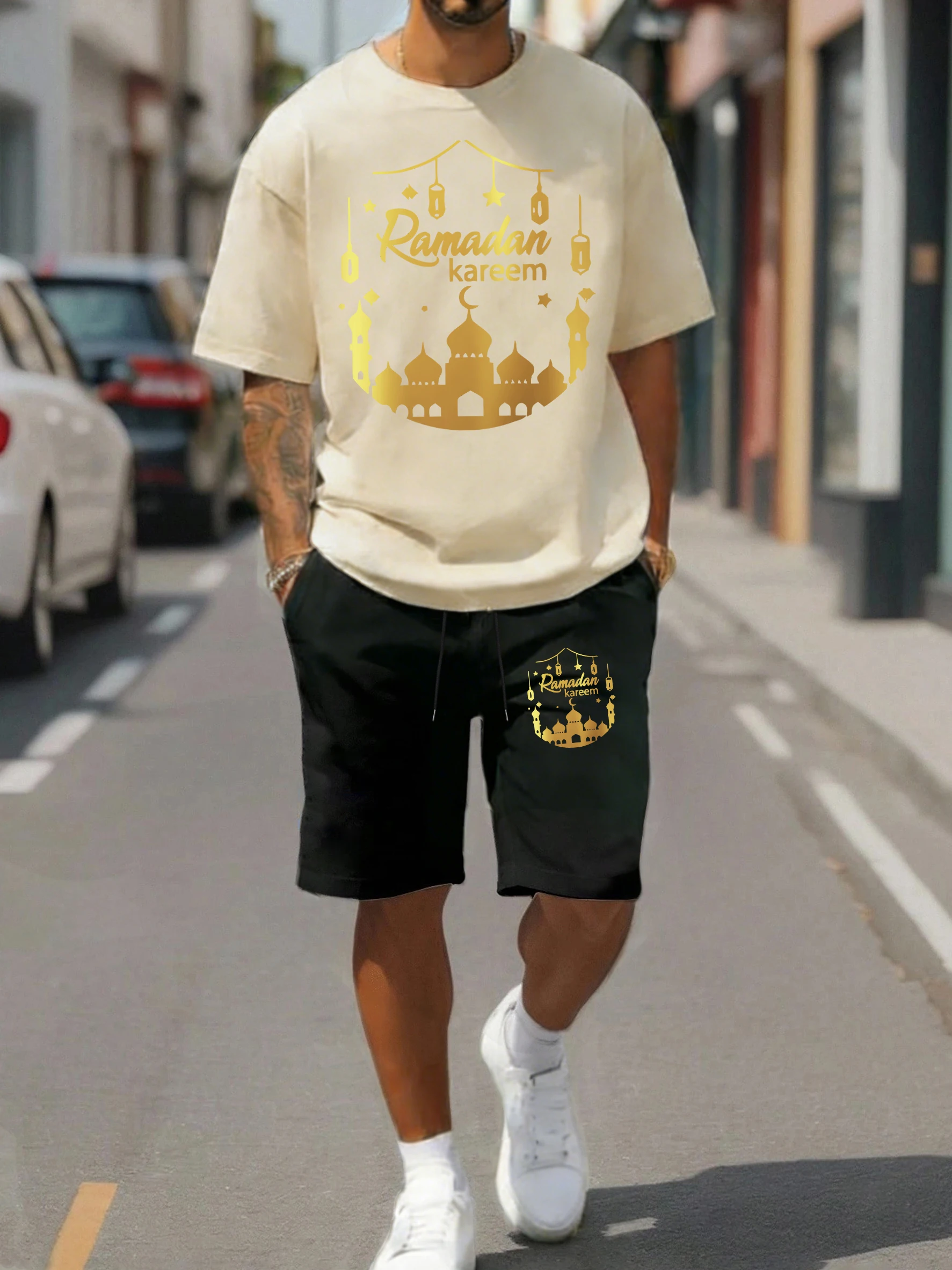 

Ramadan Kareem Lantern Print Men T-Shirts Suit Cotton Trendy Tee All-Match Drawstring Shorts Set Summer Unisex Loose Clothing