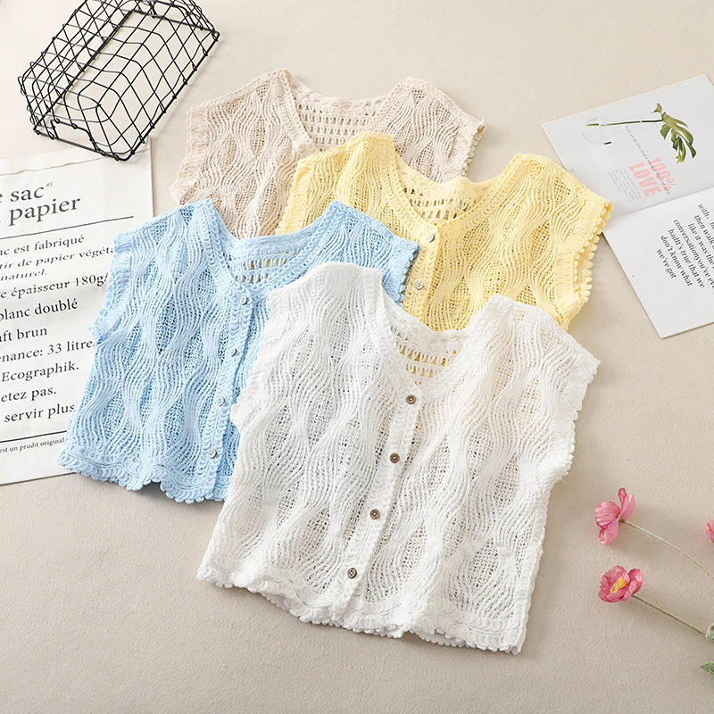 

Bohemian V-Neck Hollow out Knitted Top Women's Layering Youthful Versatile Simple Cover-Up Single Buttoned Shirt