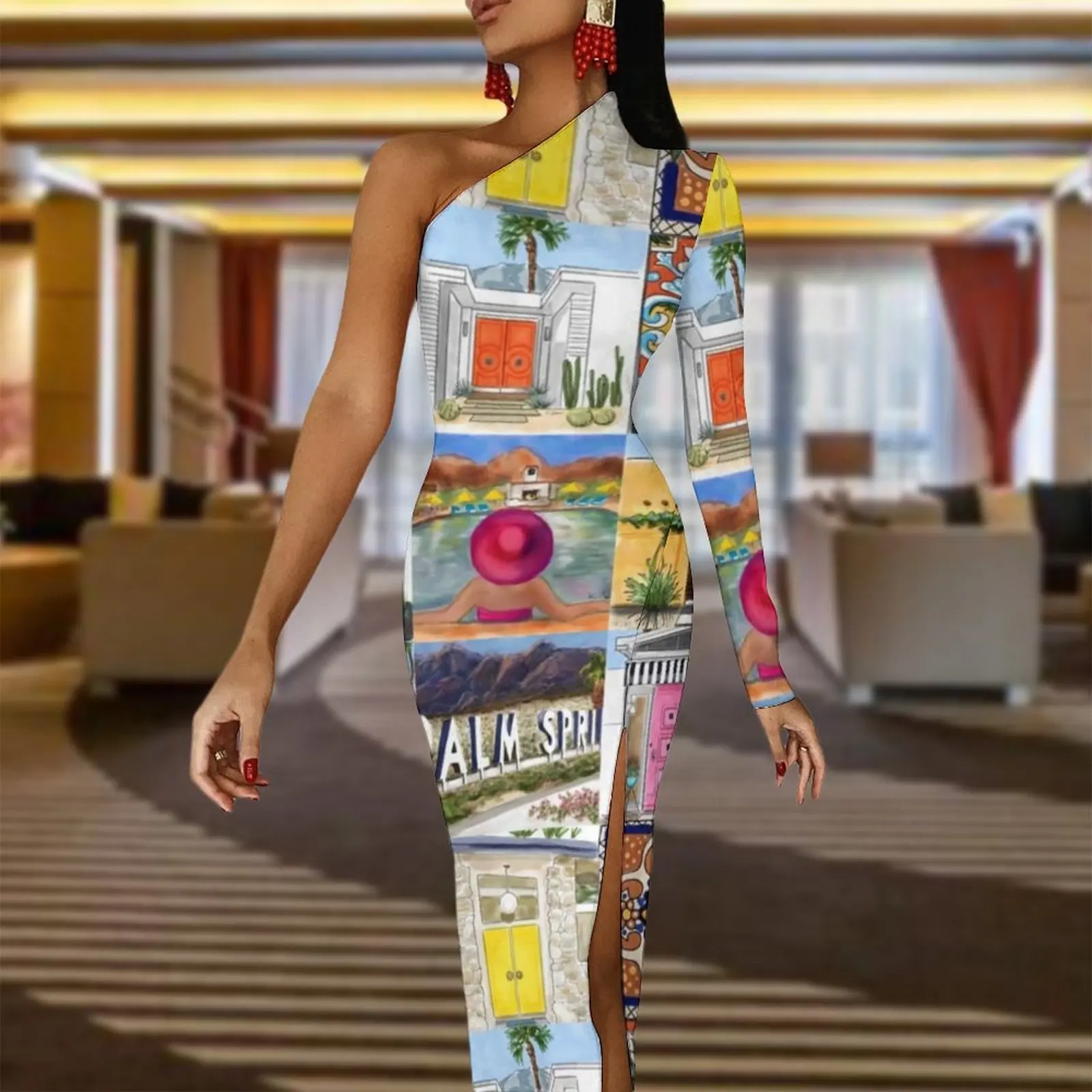 Férias meados do século maxi vestido de um ombro palma molas talavera bodycon vestido festa verão vestidos longos femininos vestidos personalizados