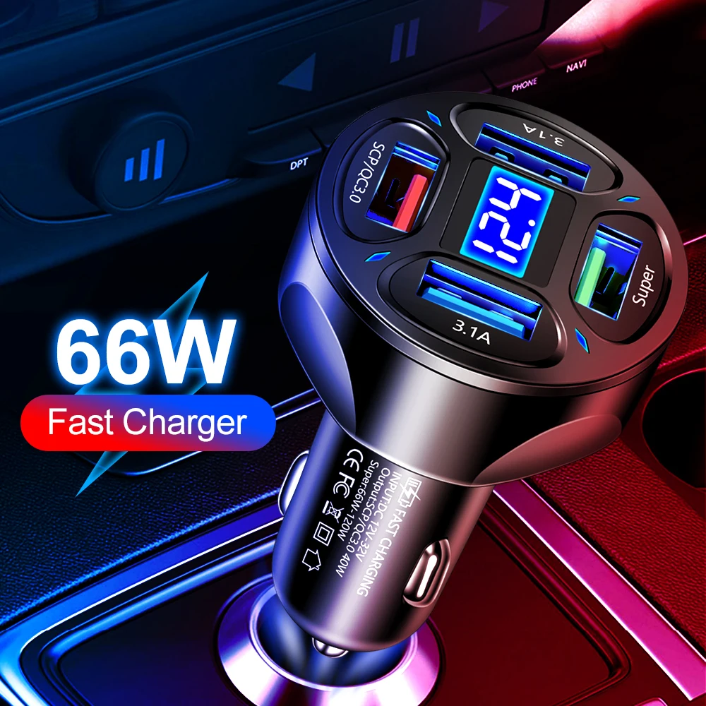 66W Car Charger 4 USB QC 3.0 Fast Charging Auto Mobile Phone Adapter with Voltage Display For iPhone Samsung Huawei Xiaomi