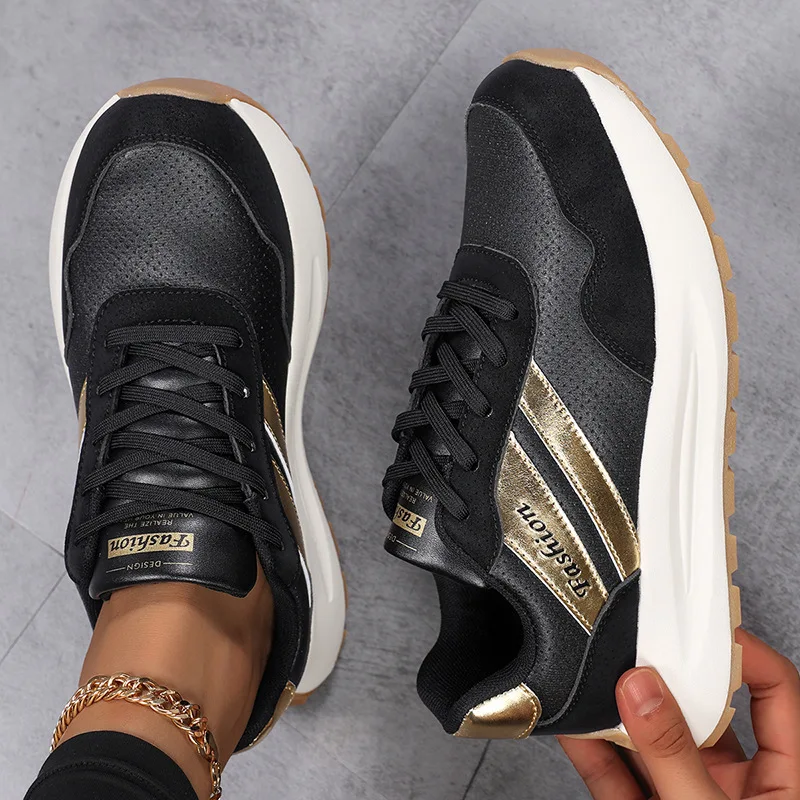PU Leather Chunky Shoes for Women Breathable Non-slip Running Sneakers Fashion Thick Sole Walking Footwear Size 36-43