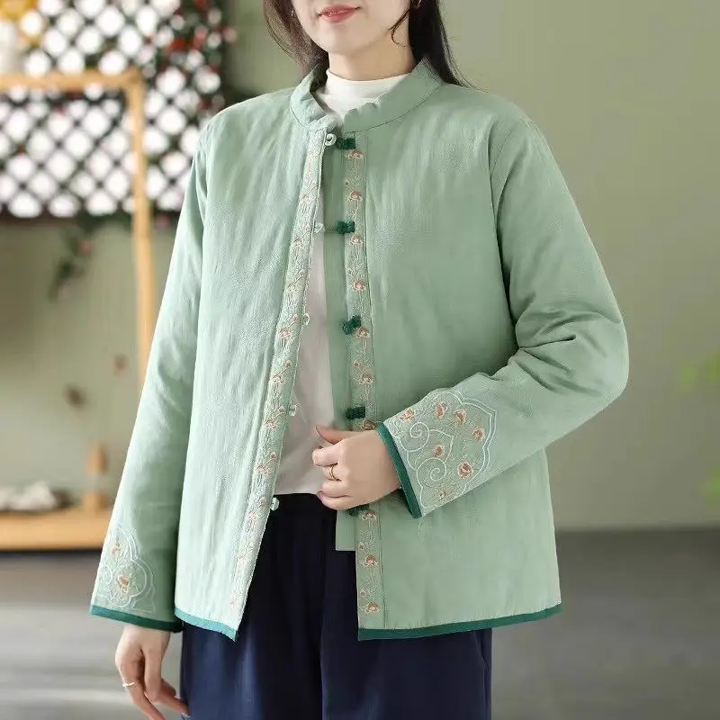 Chinese Style Embroidery Cotton Linen Clothes For Women Autumn Winter Loose And Retro Button Up Hanfu Quilted Jacket Top Z2948