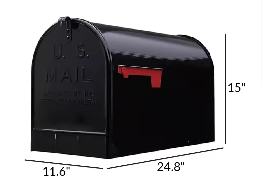 Black Jumbo Size Rural Mailbox, 3175 cu-in Capacity, Galvanized Steel, Powder-Coated, 15 in. H x 11.69 in. W x 24.82