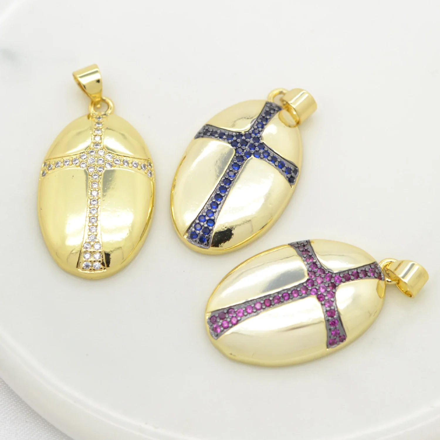 10 Pcs Copper Gold Plated Pendant DIY Necklace Chain Jewelry Accessories Oval Cross Charms Inlaid Zircon for Women Men Wholesale