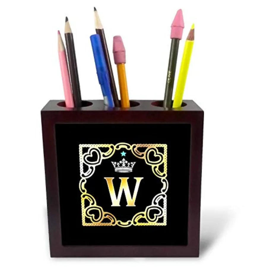 

Tile Pen Holder - Letter W- Image of Monogram with Crown and Blue Star- not Metal foil - 5-inches ph_299136_1