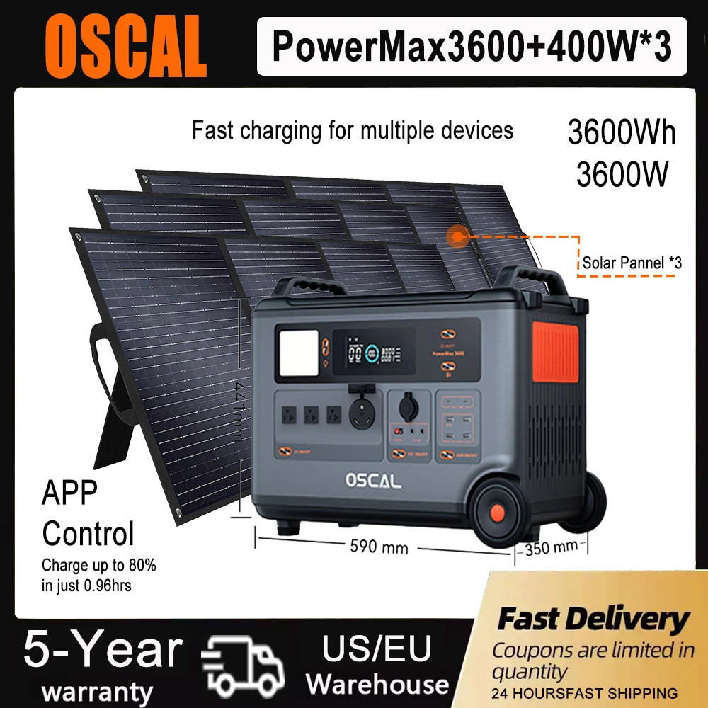 

OSCAL 3600Wh Portable Power Station Pure Sine Wave Support APP Control 3600W (Peak 7200W) PM3600 With Solar Pannel 400W*3 For RV