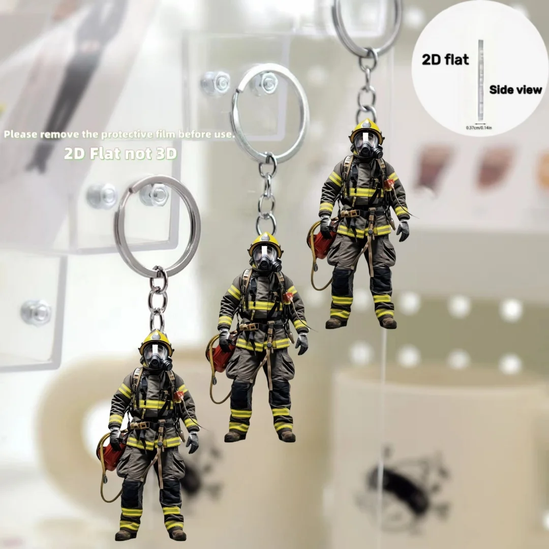 2D Firemen Warrior Keychain Firefighter Pendant Flat Acrylic Ornament Charms Hanging Decoration for Car Bags Festive Party Gift