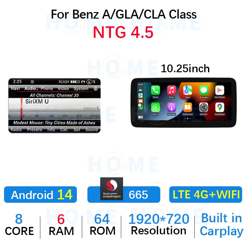 Android14 Snapdragon 665 8-ядерный 128G автомобильный DVD-радио мультимедийный плеер для Mercedes Benz GLA/CLA/A Class GPS-навигационный экран