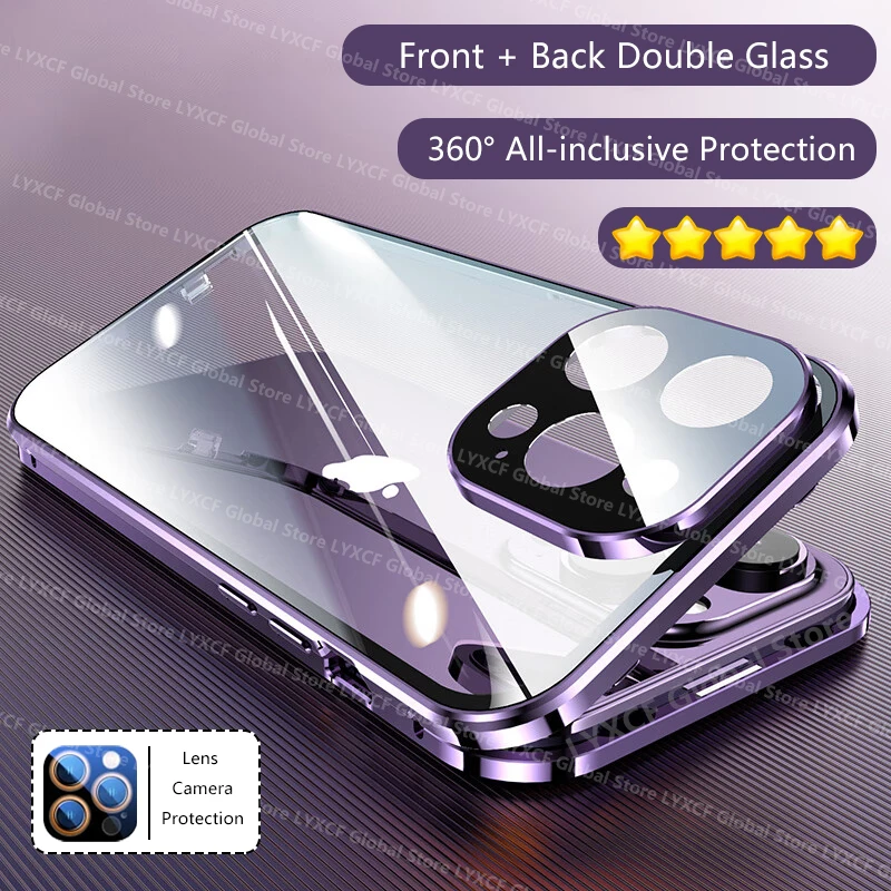 360 Full Protection Metal Magnetic Double Side Glass Snap Lock Case For iPhone 15 14 16 Plus 13 12 11 Pro Max Lens Protect Cover