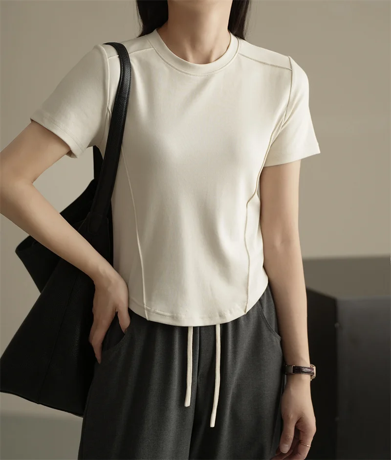 Women\'s T Shirts Solid Color Round Neck Short Sleeve Slim T shirt Women 2024 Summer Age Reduction Tops