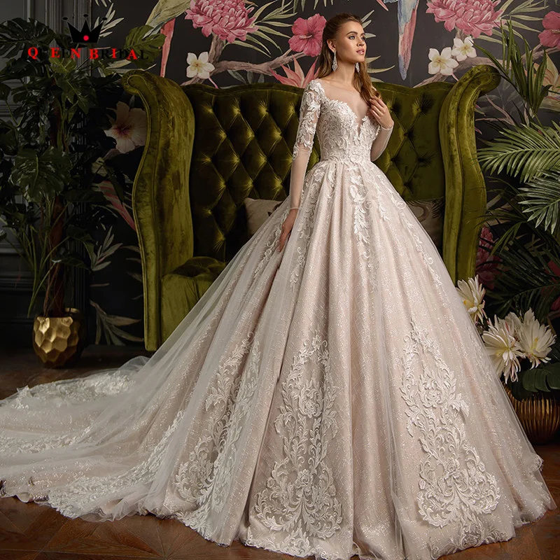 

Gorgeous Shiny Ball Gown Wedding Dresses Illusion O-Neck Robe de mariée Appliques Long Sleeve Vestido de novia Custom DI16M