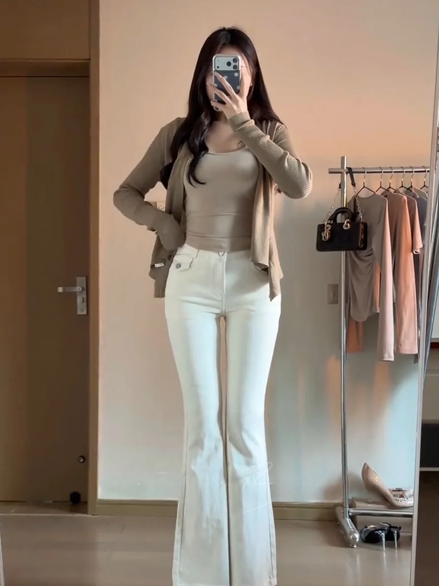 

High Waist Flared Jeans Women's Low Waist Double Bule Design Korean Sle Cotton Stretch Denim Bootcut Pants Butt Enhancing