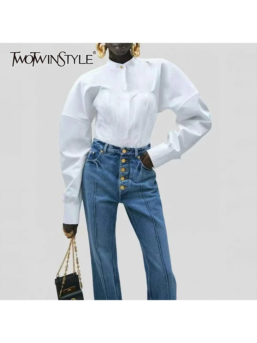 

TWOTWINSTYLE Solid Slimming Spliced Button Fashion Shirts for Women Round Neck Long Sleeves Tunic Patchwork Lace Up Shirt Female