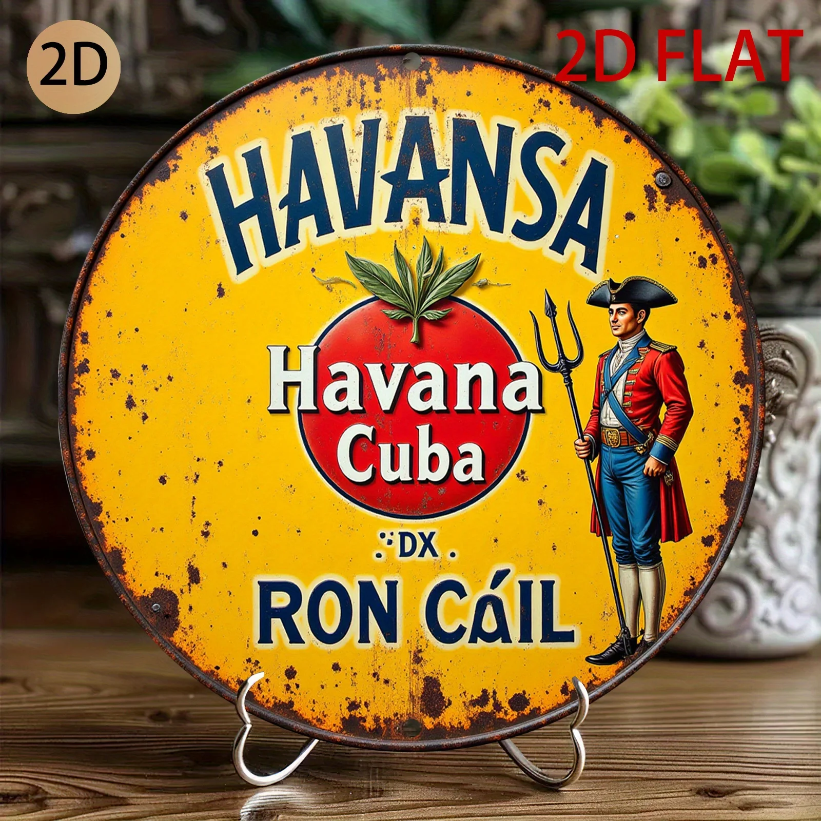 Letrero Redondo Metálico Vintage Havansa Havana Cuba Ron, Arte de Pared Metálico Plano 2D Retro con Publicidad de Ron Cubano, Decoración Rústica de Havana Cuba