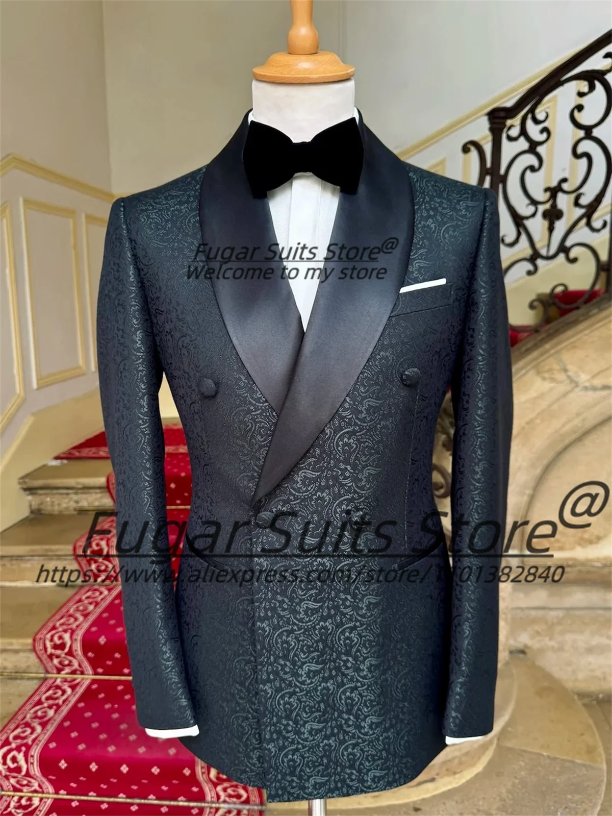

Elegant Black Jacquard Double Breasted Groom Wedding Tuxedos 2 Pieces Sets Male Party Blazers Slim Fit Shawl Lapel Ropa Hombre