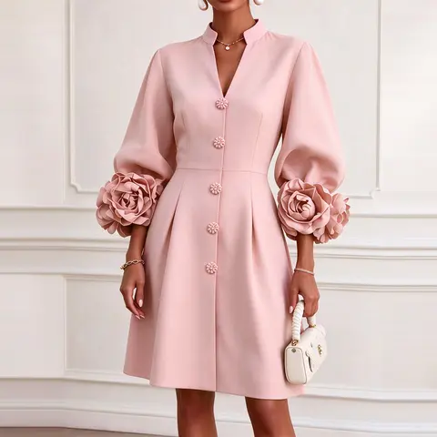 Dress Elegant Dimensional Flower Sleeve Mini Dress Women's Sexy V-neck Button Solid A-Line Dress Fashion Hight Waist Slim Party Gowns
